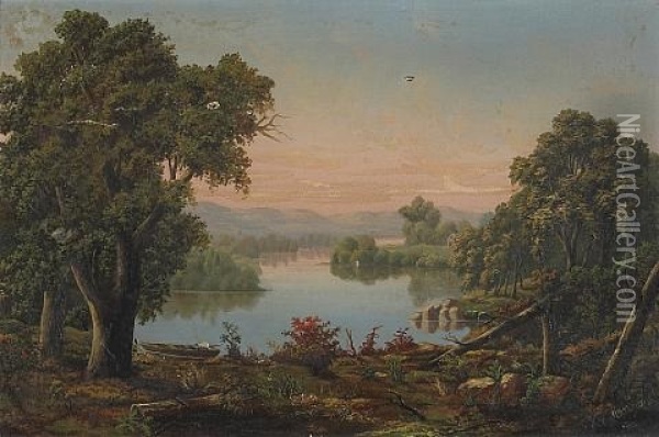 A River Landscape With A Skiff In The Foreground Oil Painting - Albert Leighton Rawson