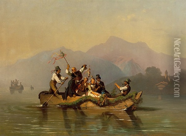 Uberfahrt Einer Hochzeitsgesellschaft Auf Dem Wolfgangsee, Im Hintergrund St. Gilgen Oil Painting - Johann Fischbach