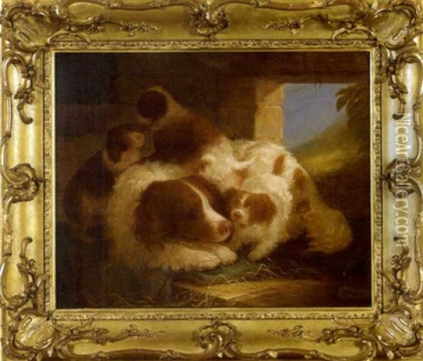 Spaniel With Pups In A Barn Oil Painting - Alvan Fisher
