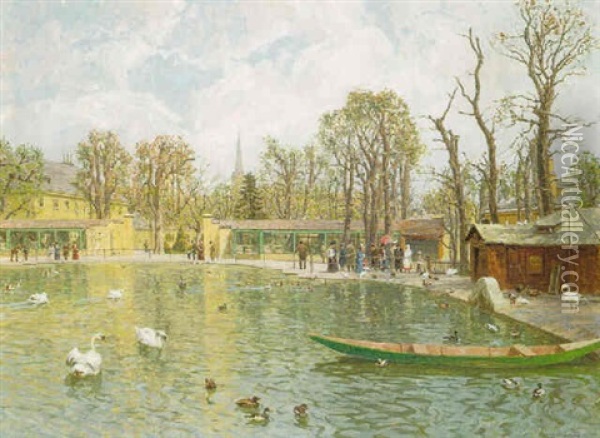 Figures By A Pond In The Zoo At Schonbrunn Oil Painting - Stefan Simony