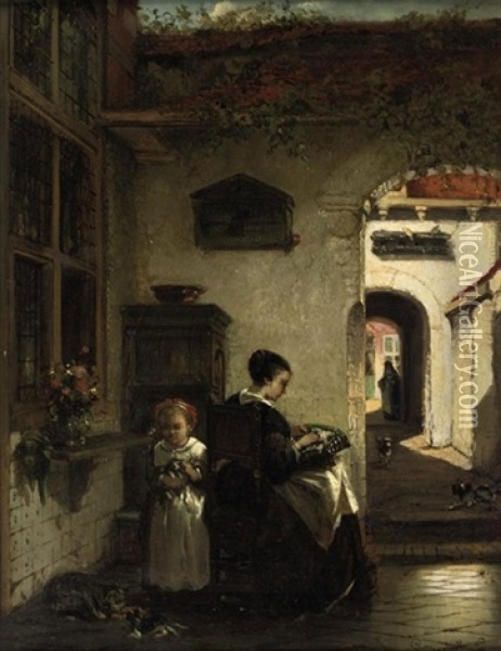 Mother And Daughter In The Courtyard Oil Painting - Johannes Antoine Balthasar Stroebel