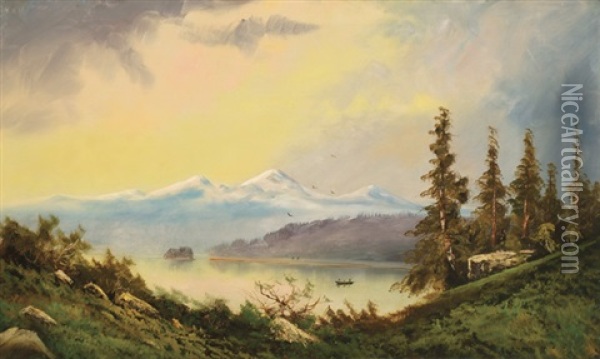 Landscape Depicting The Puget Sound With Indians In A Canoe And Mountains In The Background Oil Painting - Ransom Gillet Holdredge