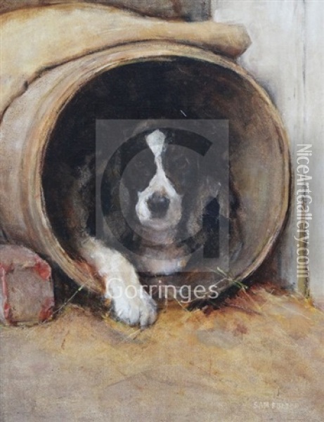 Dog In A Barrel Kennel Oil Painting - Samuel Fulton
