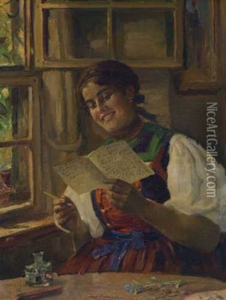 Junge Briefleserin In Der Stube Oil Painting - Carl Kricheldorf