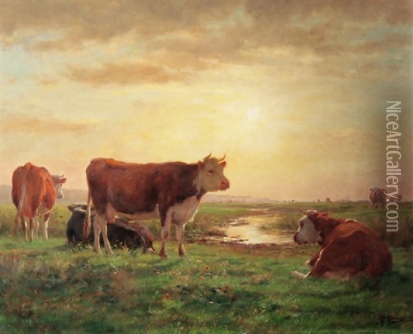 Kuhe Im Abendrot Oil Painting - Adolphe Charles Marais