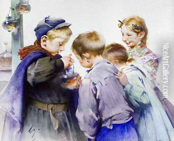 Children with Fish Oil Painting - Henri-Jules-Jean Geoffroy (Geo)