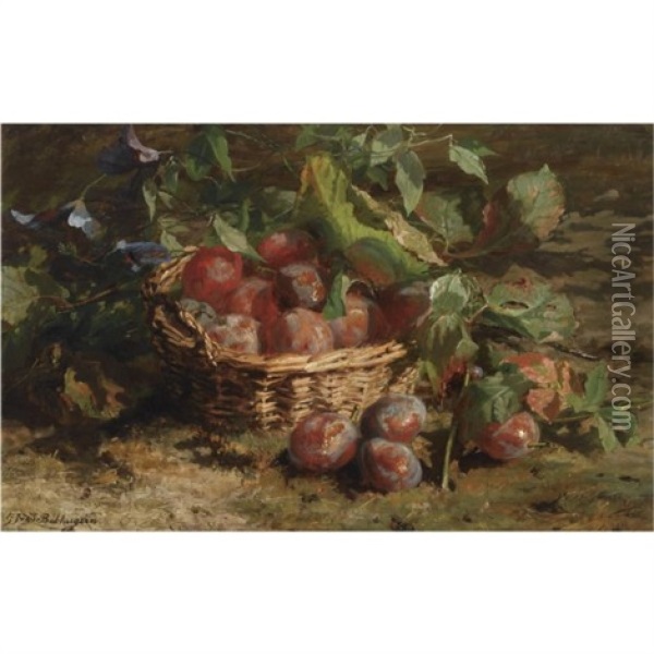 A Still Life With Plums In A Basket Oil Painting - Gerardina Jacoba van de Sande Bakhuyzen