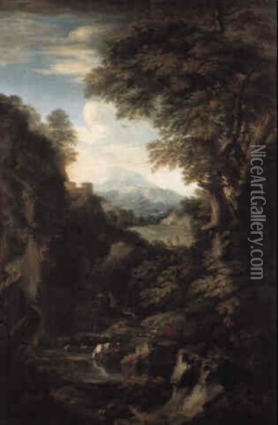 A Rocky River Landscape With A Shepherd And His Flock, A Castle Beyond Oil Painting - Pietro (il Creatura) Bianchi