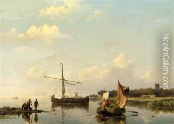 Activities On A Calm River In Summer Oil Painting - Hermanus Koekkoek the Elder