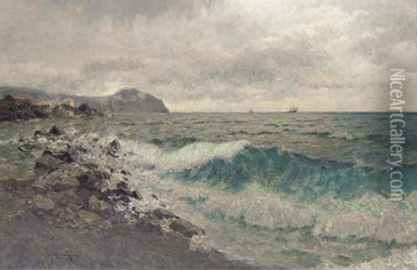 Looking Out To Sea, Genoa Oil Painting - Julius Friedrich Ludwig Runge