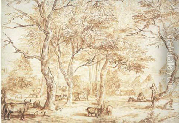 Paysage Avec Patres Et Troupeaux D'ovins Et Bovins Paissant Sous Les Arbres Oil Painting - Jan Lievens