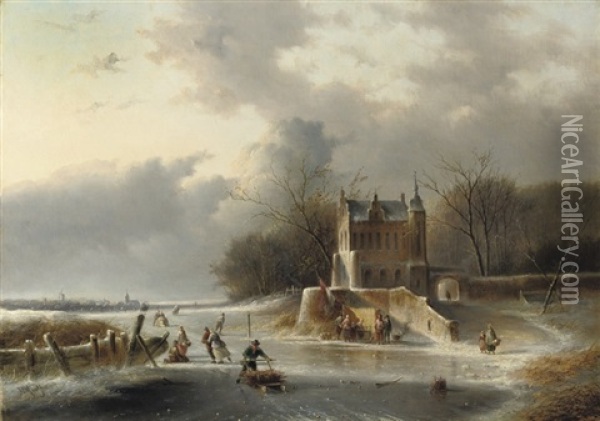 Winterfun On The Ice By A Mansion Oil Painting - Jan Evert Morel the Younger
