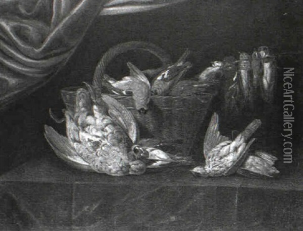 Still Life Of Birds With A Wicker Basket Upon A Ledge       Covered With A Green Cloth Oil Painting - Alexander Adriaenssen the Elder