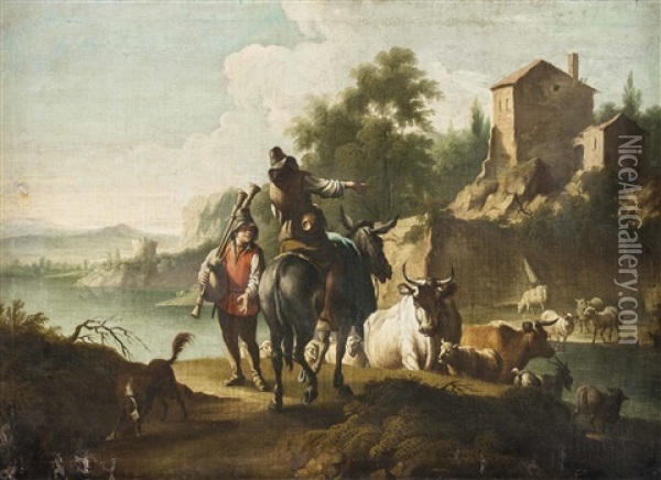 Begegnung Von Jungem Sackpfeifenblaser Und Hirte Mit Herde In Flusslandschaft Oil Painting - Joseph Roos