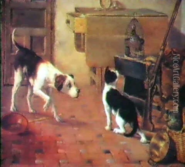Escena De Interior Con Animales                             Domesticos Y Utiles De Caza Oil Painting - Jose Ostos Pedraza