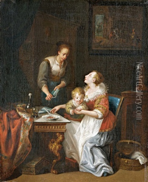 Mother And Child With Maid Oil Painting - Adam Johann Braun