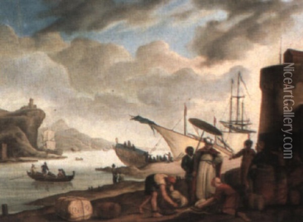 Harbor Scene With Slaves Unpacking Goods With Their Master Looking On Oil Painting - Johannes Lingelbach