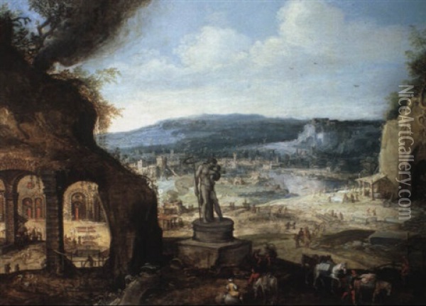 Landscape With A Statue Of Saturn Outside A Forge Oil Painting - Hendrick van Cleve III