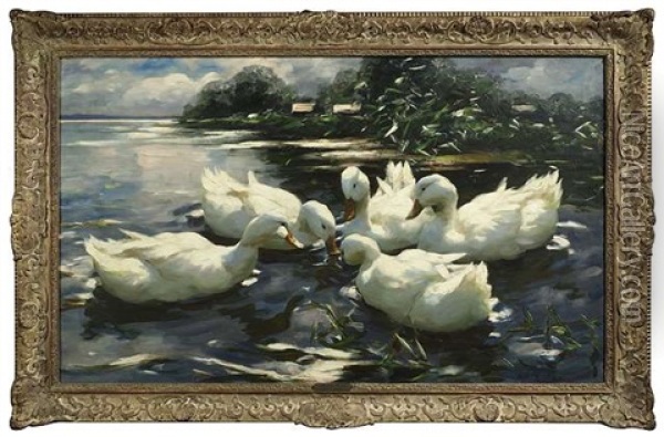 Entenbesprechung. Funf Enten Tummeln Sich Im Wasser Oil Painting - Alexander Max Koester