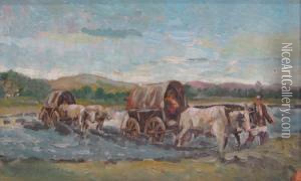 Crossing The Ford Oil Painting - Gore Mircescu