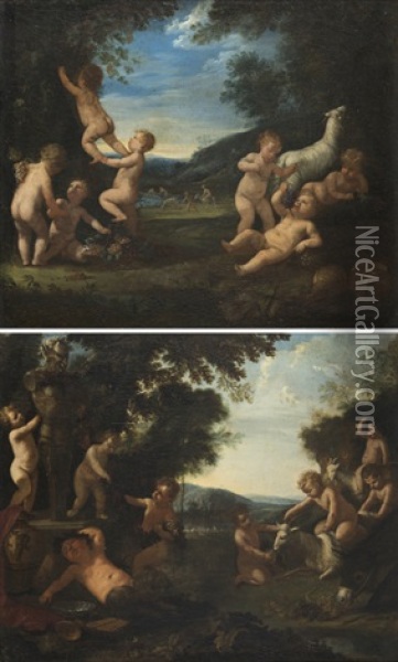 Paesaggi Con Giochi Di Putti E Satiri (coppia) Oil Painting - Francesco Albani