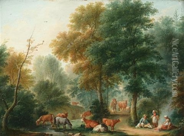 Drovers With Cattle In A Landscape (+ Another Similar; 2 Works) Oil Painting - Jean Baptiste Pillement