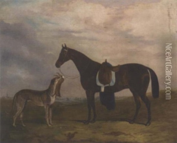 A Saddled Horse With A Greyhound And Hare In A Landscape Oil Painting - William Nedham