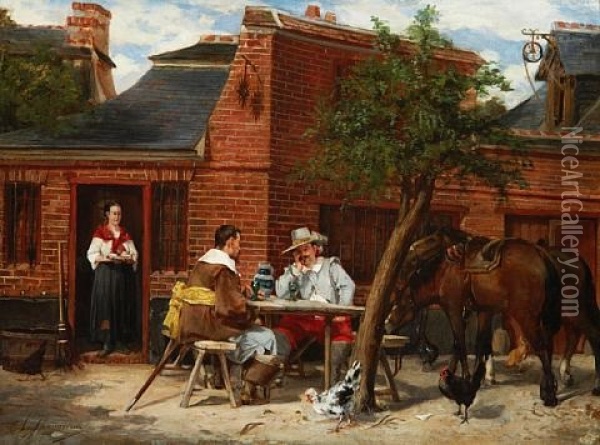 Cavaliers Seated Outside A Tavern Oil Painting - (Alfred Louis Vigny) Jacomin