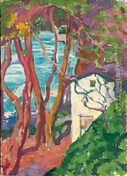 Haus Unter Baumen Am Seeufer Oil Painting - Giovanni Giacometti