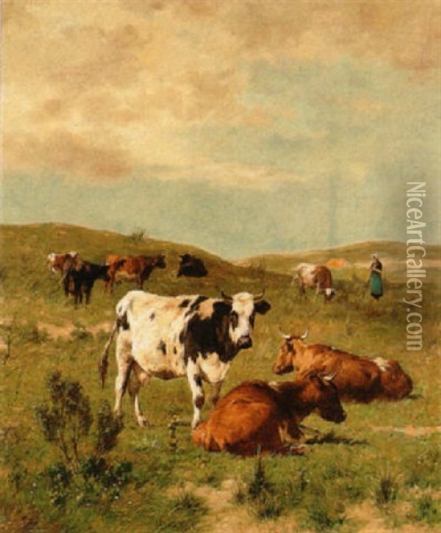 Cows And A Woman In A Hilly Landscape Oil Painting - Louis Robbe