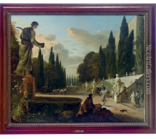 An Elegant Garden With An Artist Sketching (collab. W/johannes Lingelbach) Oil Painting - Jan Blom