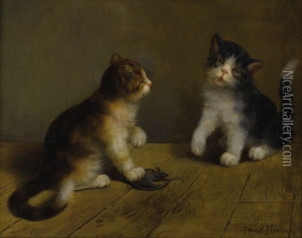 Kittens Playing With A Mouse Oil Painting - Daniel Merlin