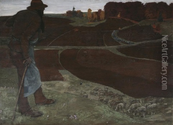 Schafer Mit Herde In Weiter Pfalzischer Herbstlandschaft Oil Painting - Reinhold Max Eichler