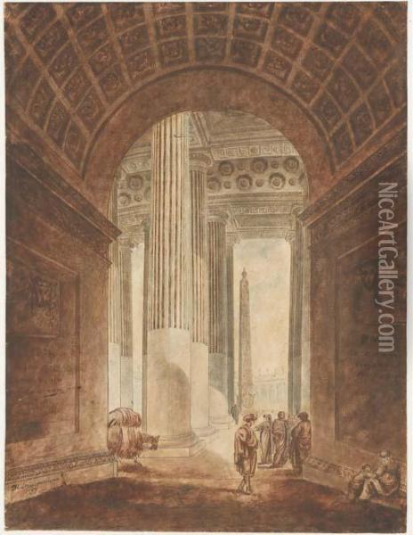 The Colonnade Of The Piazza Of Saint Peter's, Rome, With Theobelisk Seen Through An Arch Oil Painting - Victor Louis