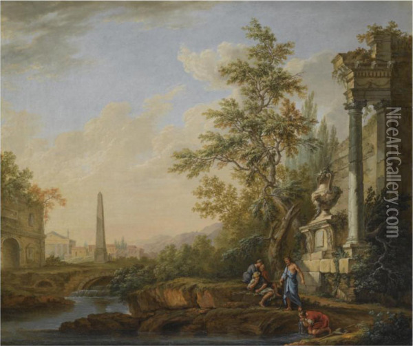 An Italianate Landscape With Figures Drinking From A River Beneath Classial Ruins, An Obelisk, A Roman Triumphal Arch And A Town Beyond Oil Painting - Lorens, Lars Gottman