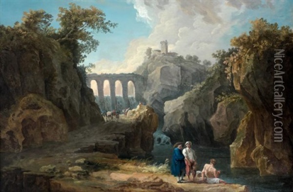 Paysage Au Pont Anime De Personnages Oil Painting - Hubert Robert