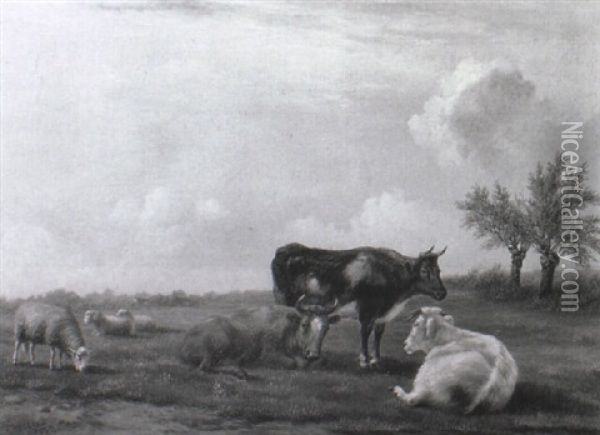 Cattle And Sheep Grazing In A Meadow Oil Painting - Paulus Potter