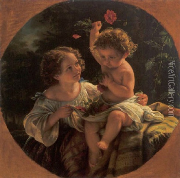 Zwei Kinder Mit Blumen Spielend Oil Painting - Eduard Magnus