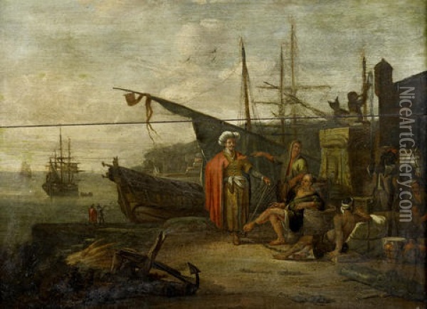 A Mediterranean Harbor With Figures Resting On The Quay (+ A Mediterranean Harbour With Figures Around A Campfire; Pair) Oil Painting - Johannes Lingelbach