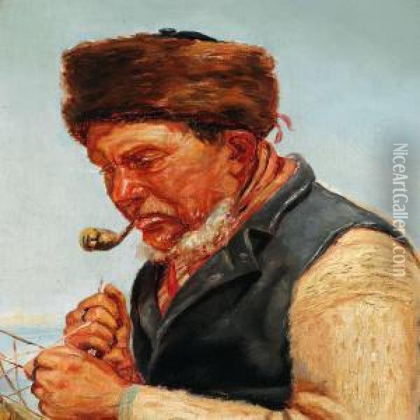 Fisherman Niels Gaihede Reparing A Fishing-net, Skagen Oil Painting - Michael Ancher