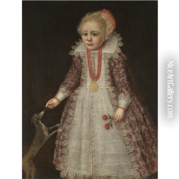 Portrait Of A Young Child, Full Length, Wearing A Pink Embroidered Dress, A Coral Necklace And Holding Two Cherries While Pointing To A Dog Oil Painting - Jan Anthonisz Van Ravesteyn