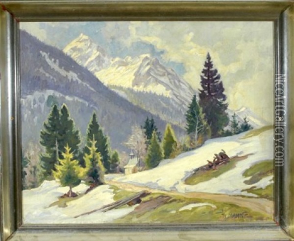 Kapelle Im Altschnee Mit Blick Auf Die Allgauer Berge Oil Painting - Richard Mahn