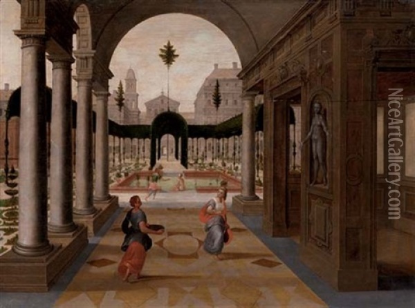 A Capriccio Of A Palace Courtyard With Figures In The Foreground And Others Bathing In An Ornamental Garden Beyond Oil Painting - Paul Vredemann van de Vries
