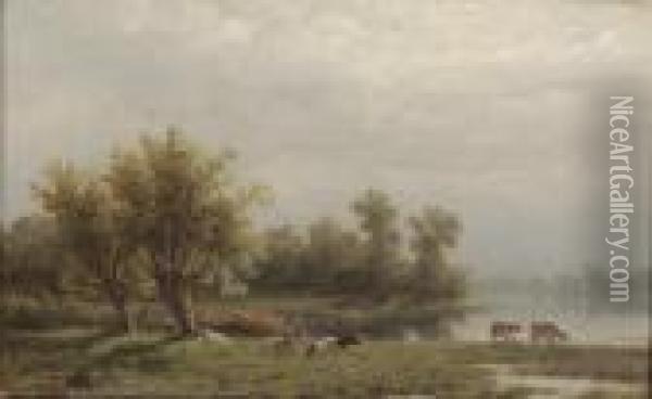 Cattle By A River Oil Painting - Anthonie Jacobus Van Wyngaerts