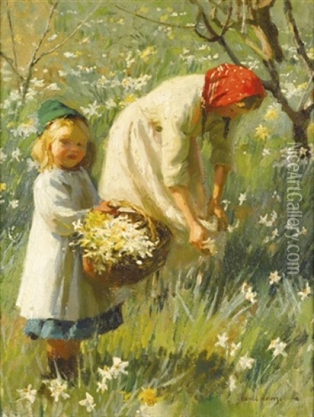 Picking Daffodils Oil Painting - Harold Harvey