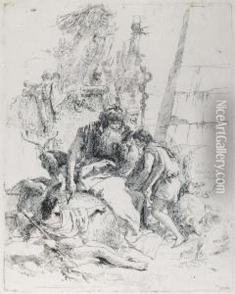 Two Magicians And Two Boys, From: Scherzi Di Fantasia Oil Painting - Giovanni Battista Tiepolo