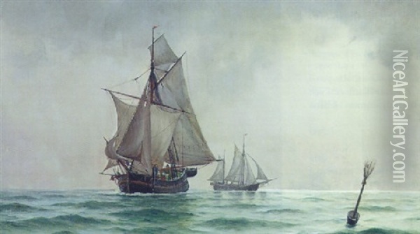 Marine Med Fiskerbade, Stille Vejr Oil Painting - Carl Ludvig Thilson Locher