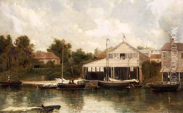 Rivercraft before a Boathouse, Richmond on Thames Oil Painting - A.H. Vickers