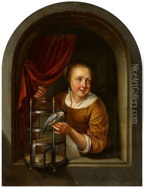 Young Woman With A Parrot In A Window Oil Painting - Gerrit Dou