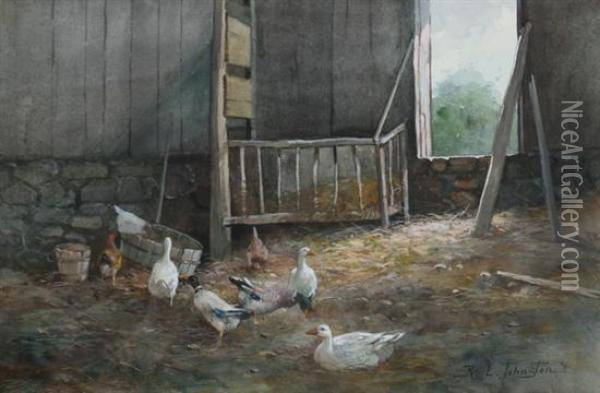 Barnyard With Ducks And Chickens Oil Painting - Reuben Le Grand Johnston